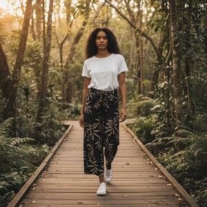 Tropical Palm Print Wide Leg Tie Waist Split Front Pants Black Tan Summer Resort